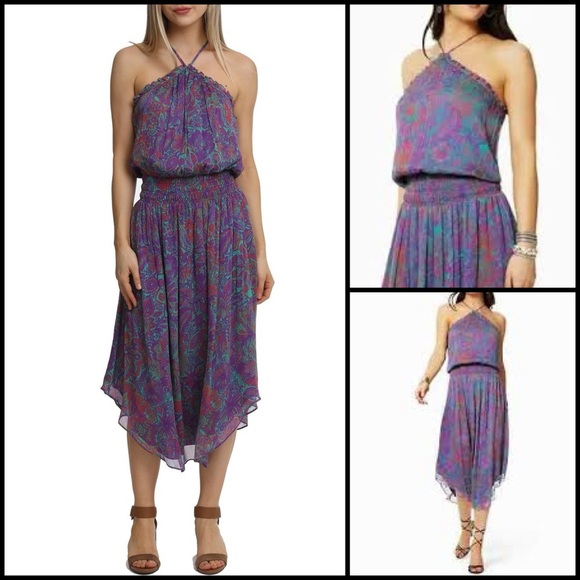 Ramy Brook Chloe Dress Botanic Print Elegant Flowy Smocked Halter Coquette L - Picture 1 of 11